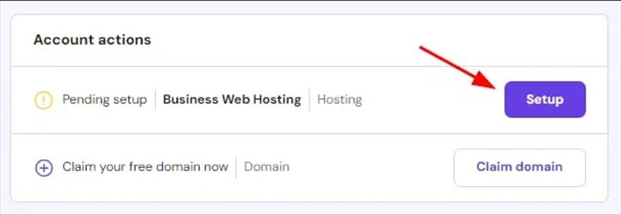 The Setup button in Hostinger Account actions to begin website setup