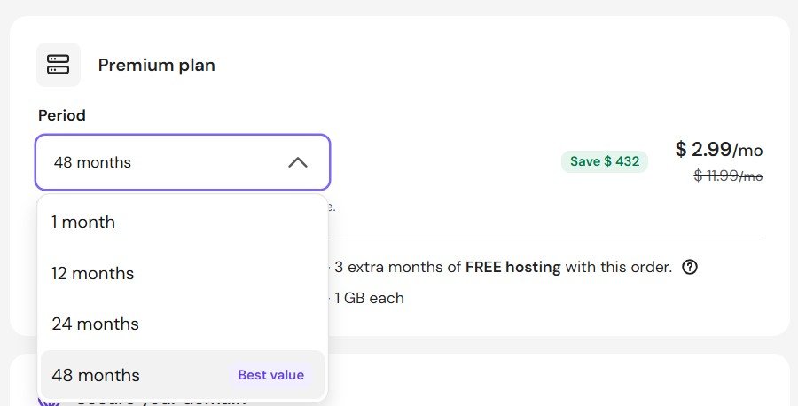 Selecting the billing term length during Hostinger signup